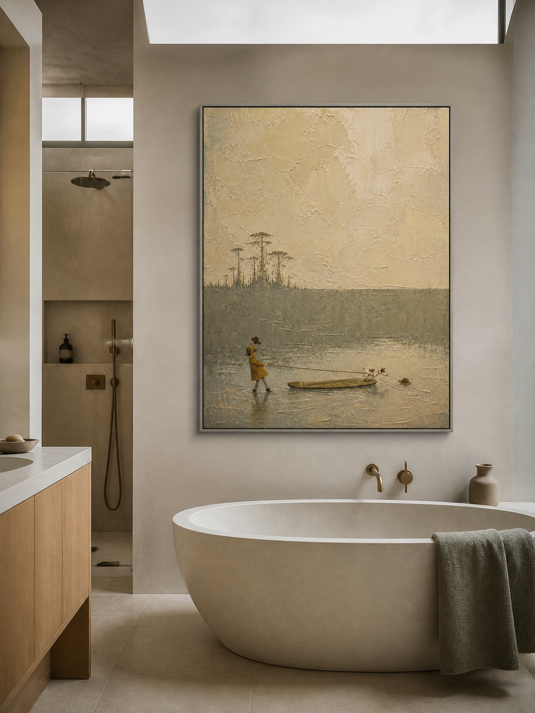 Vintage Girl And Dog Travel Canvas Painting In Beige And Grey