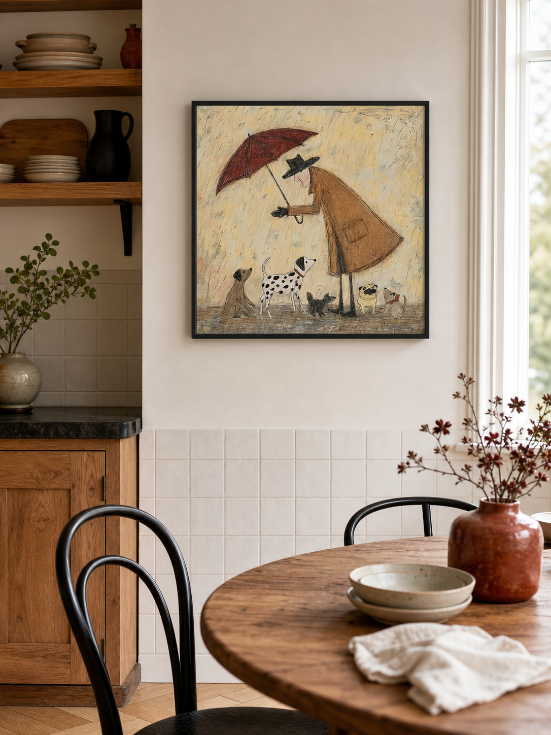 Whimsical Man With Dogs Under Umbrella Minimalist Beige Square Canvas Art