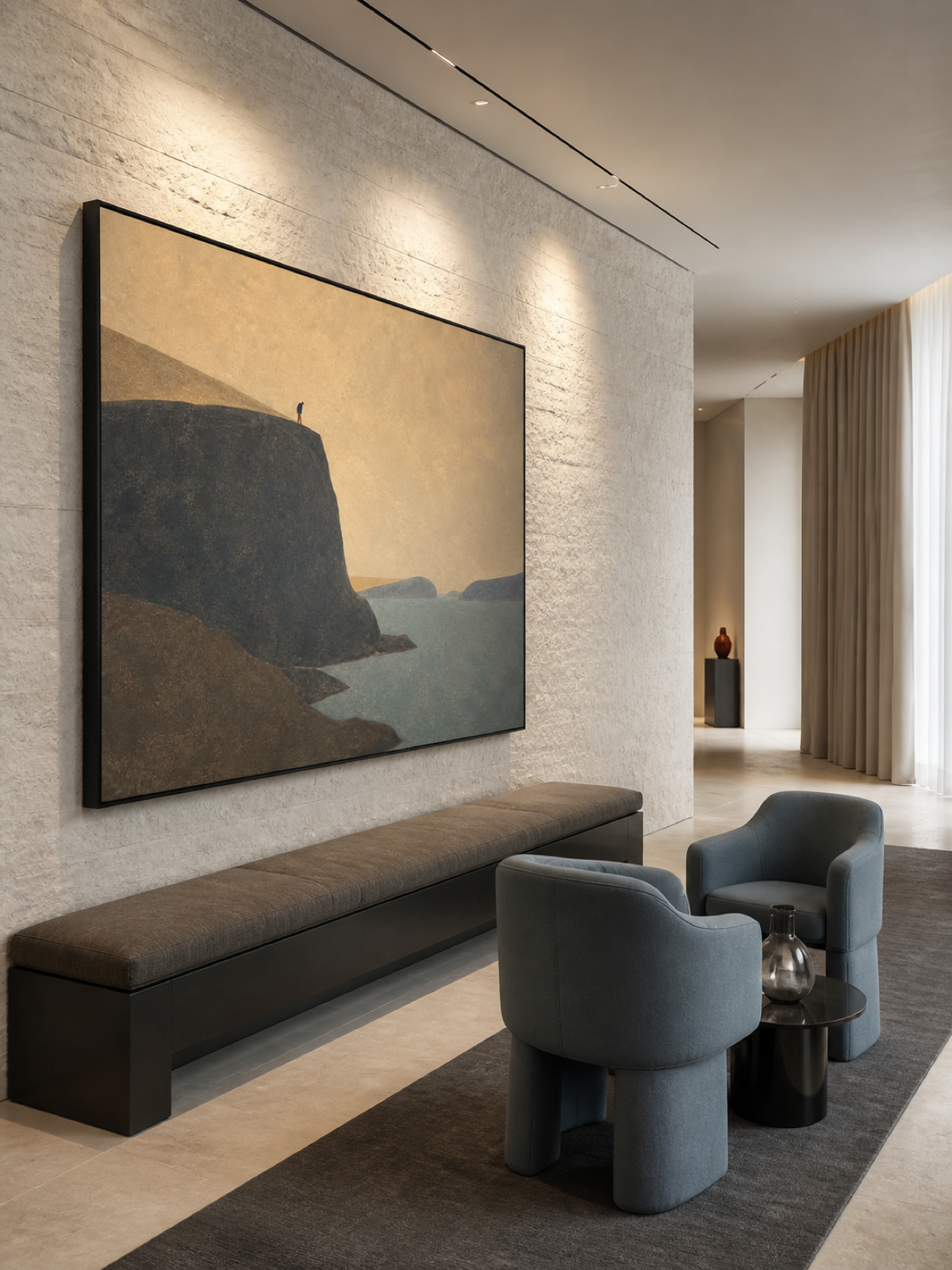 Minimalist Cliff Traveler Painting Hand-Painted Blue Inlet Wall Art