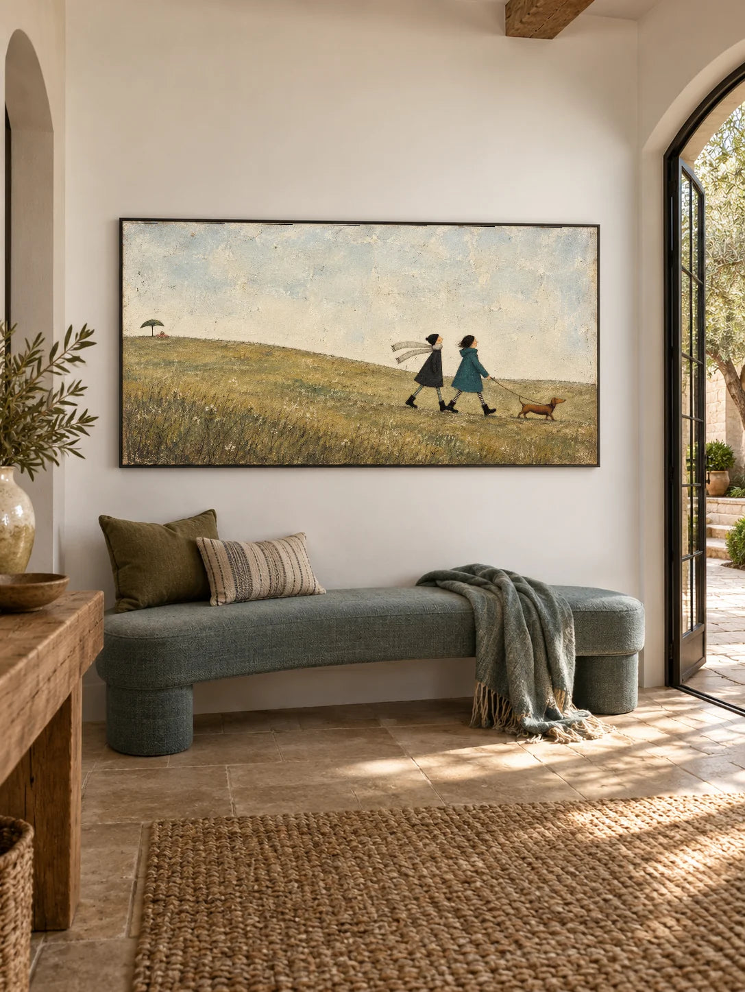 Whimsical Friends Walking Wall Art Hand Painted Girl And Dachshund Painting