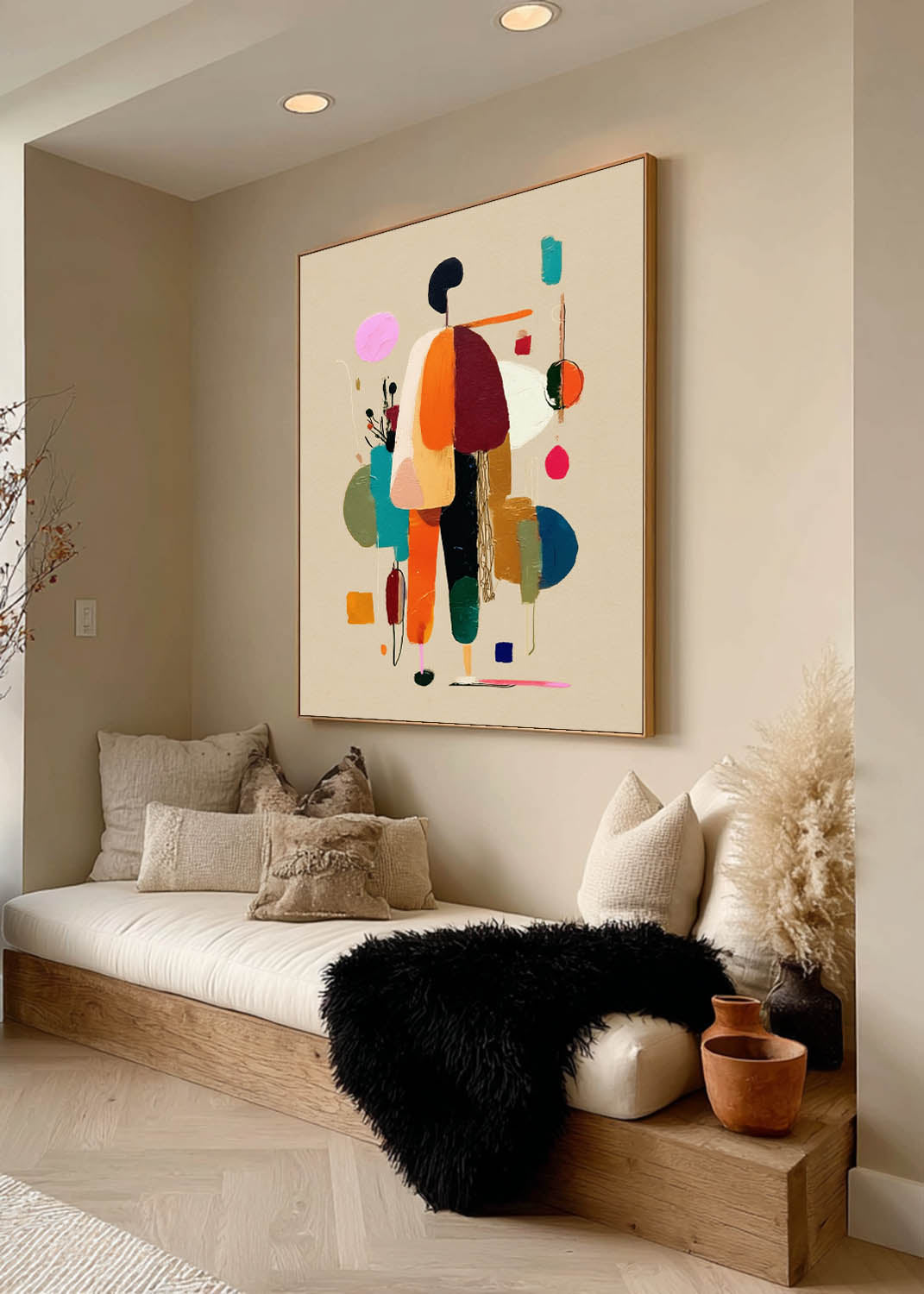 Colorful Minimalist Abstract Oil Painting With Textured Beige Background