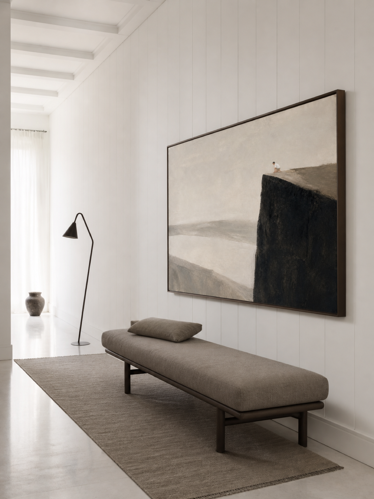 Neutral Black Cliff Oil Painting With A Solitary Figure Modern Wall Art