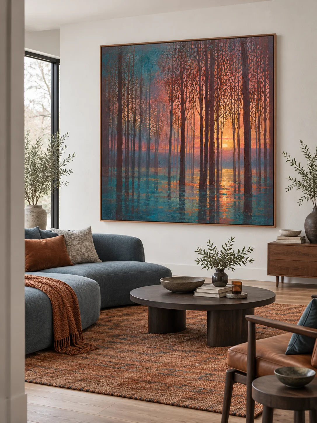 Large Textured Woodland Painting In Teal And Burnt Orange For Living Room Decor