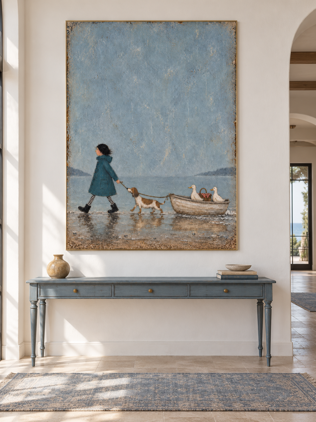 Whimsical Hand Painted Art Of A Child And Dog On A Coastal Adventure For Room Decor