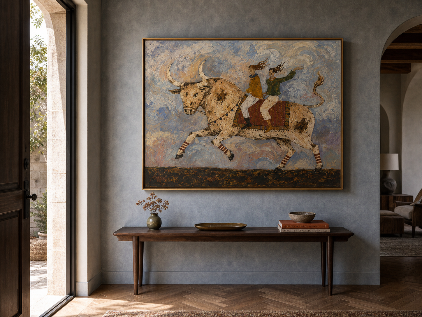 Vintage Bohemian Bull Rider Art With Expressive Brushwork For Living Room Decor
