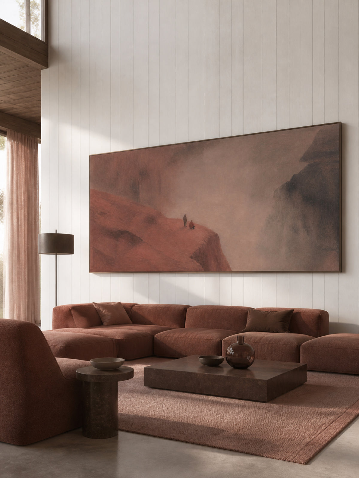 Misty Canyon Travelers Hand-Painted Wall Art Original Canvas Painting In Earth Tones