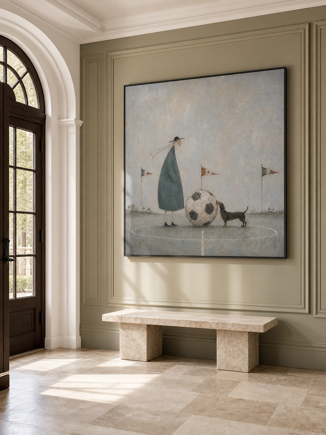 Whimsical Soccer Art Print With Dog And Man In Blue Grey Tones For Modern Home Decor