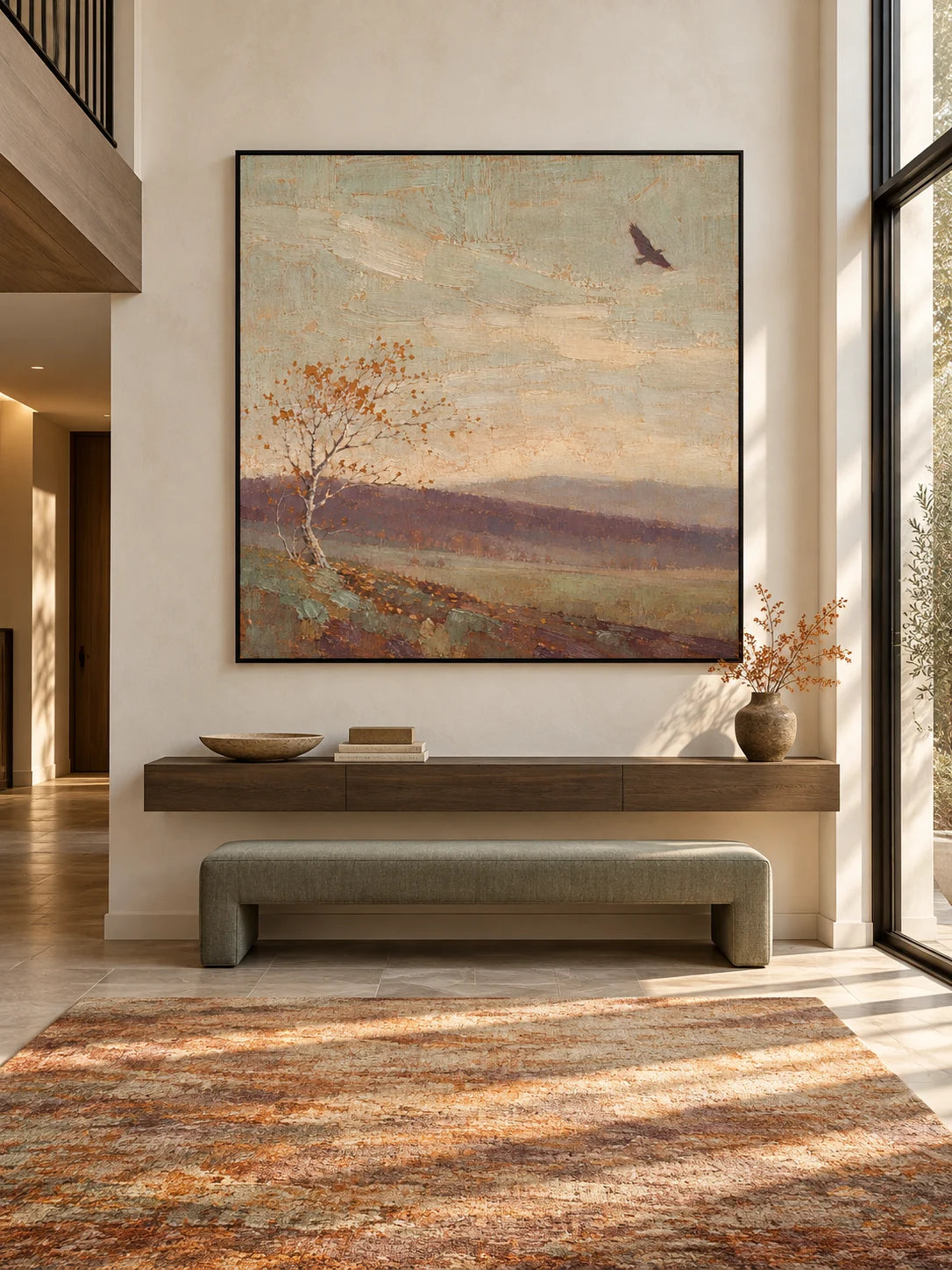 Minimalist Countryside Landscape Canvas Art With Lone Autumn Tree And Bird