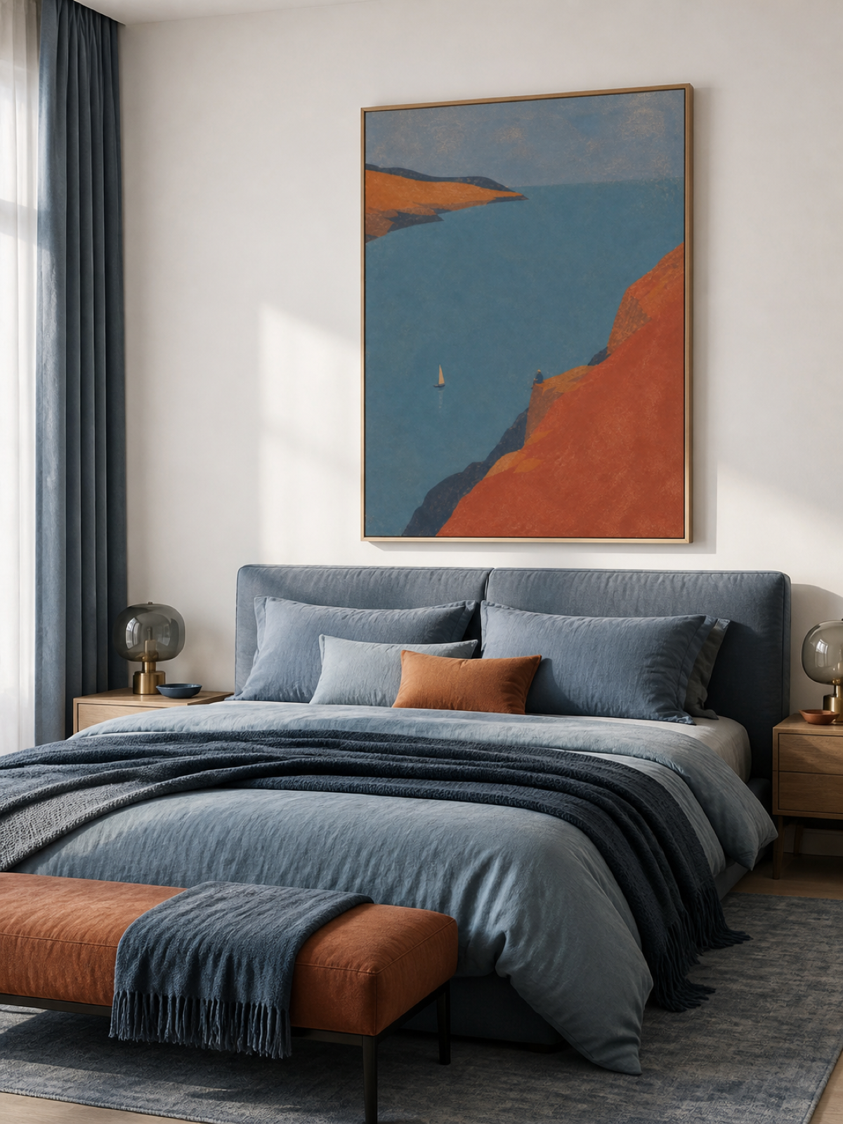 Sailboat And Seated Traveler On Terracotta Coast Hand-Painted Canvas Art
