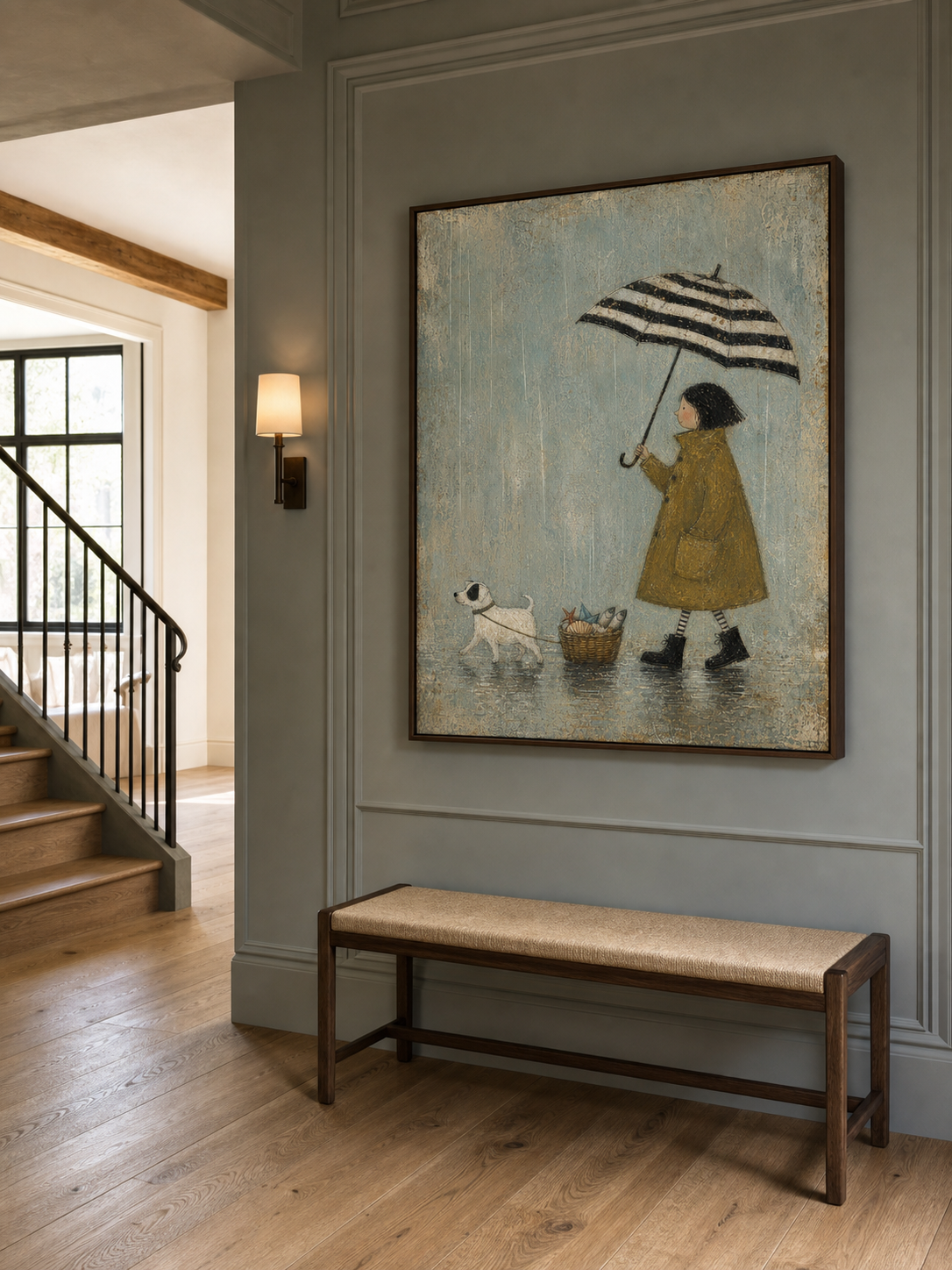 Rainy Day Dog Canvas Wall Art Striped Umbrella And Fish Basket Vintage Decor