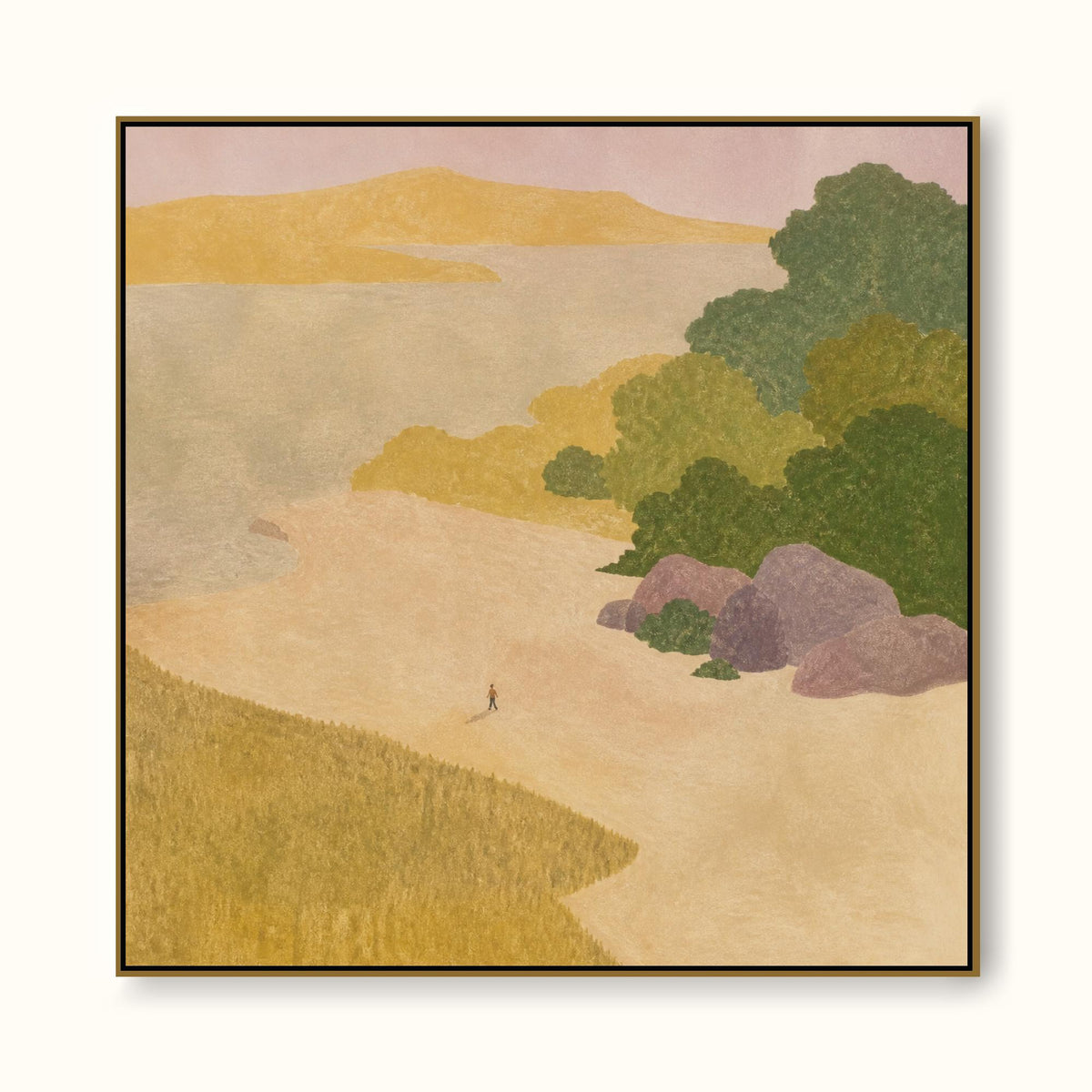 Large Hand Painted Minimalist Coastal Cove With A Tiny Figure Living Room Wall Art