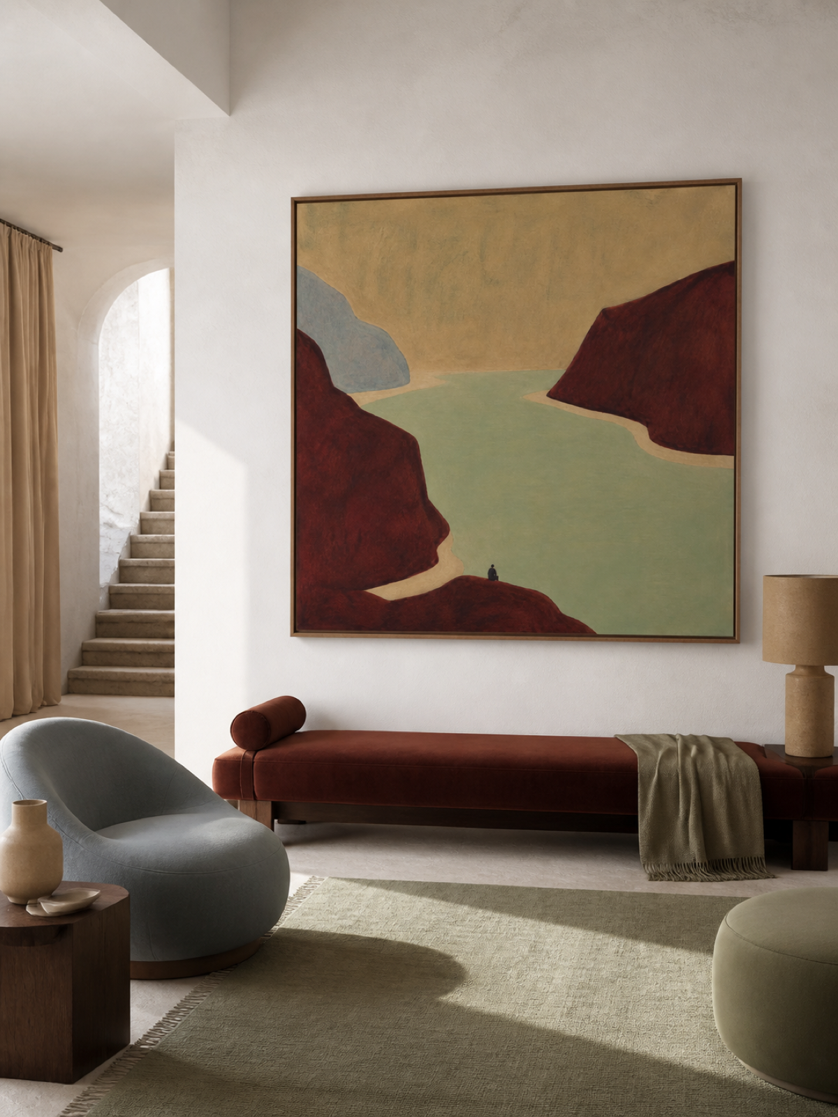 Burgundy Canyon Landscape Hand-Painted Canvas Art With Sage Green Lake
