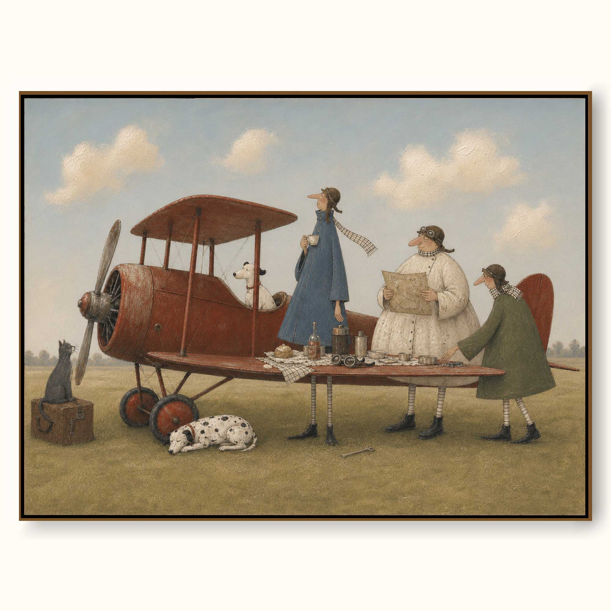 Vintage Airplane Picnic Painting Original Wall Art For Living Room Travel Theme Decor