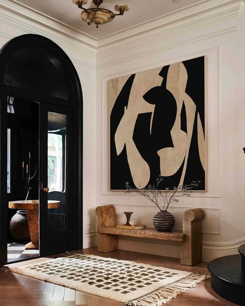 Neutral Beige & Black Painting On Canvas 3D Minimalist Textured Beige Painting