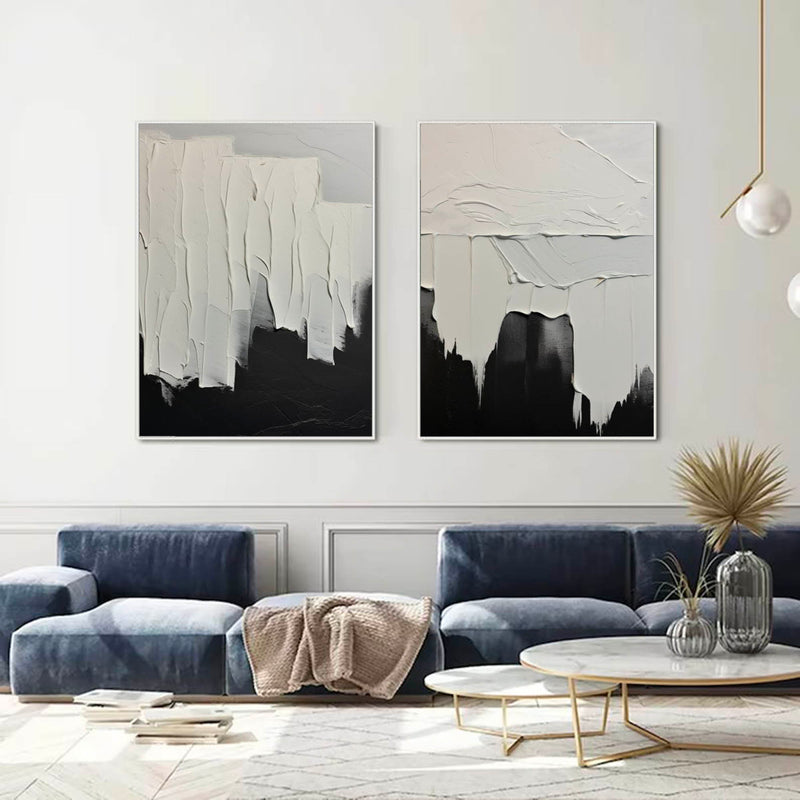 Minimalist White And Black Painting Large Black Wall Art Set of 2 White And Black Textured Wall Art