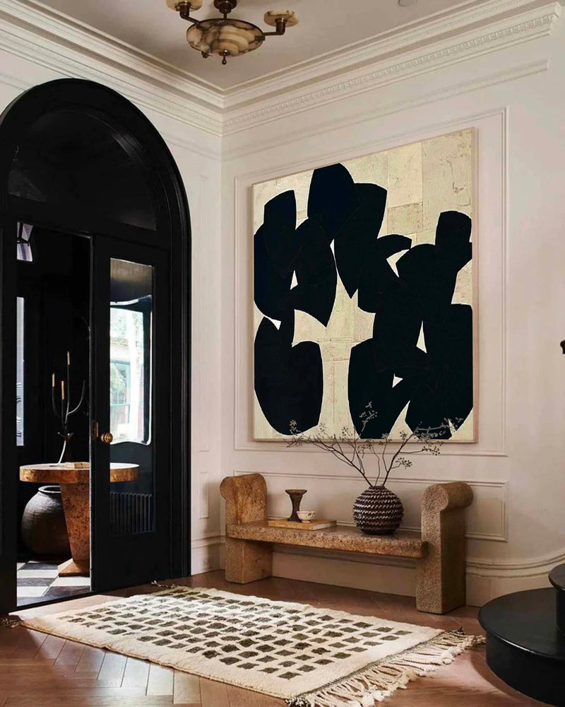Large Beige And Black Minimalist Abstract Painting Black Plaster Textured Wall Art