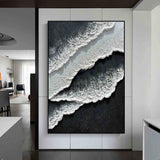 3d Black White Wave Painting On Canvas Minimalist Black And White Ocean Texture Wall Art