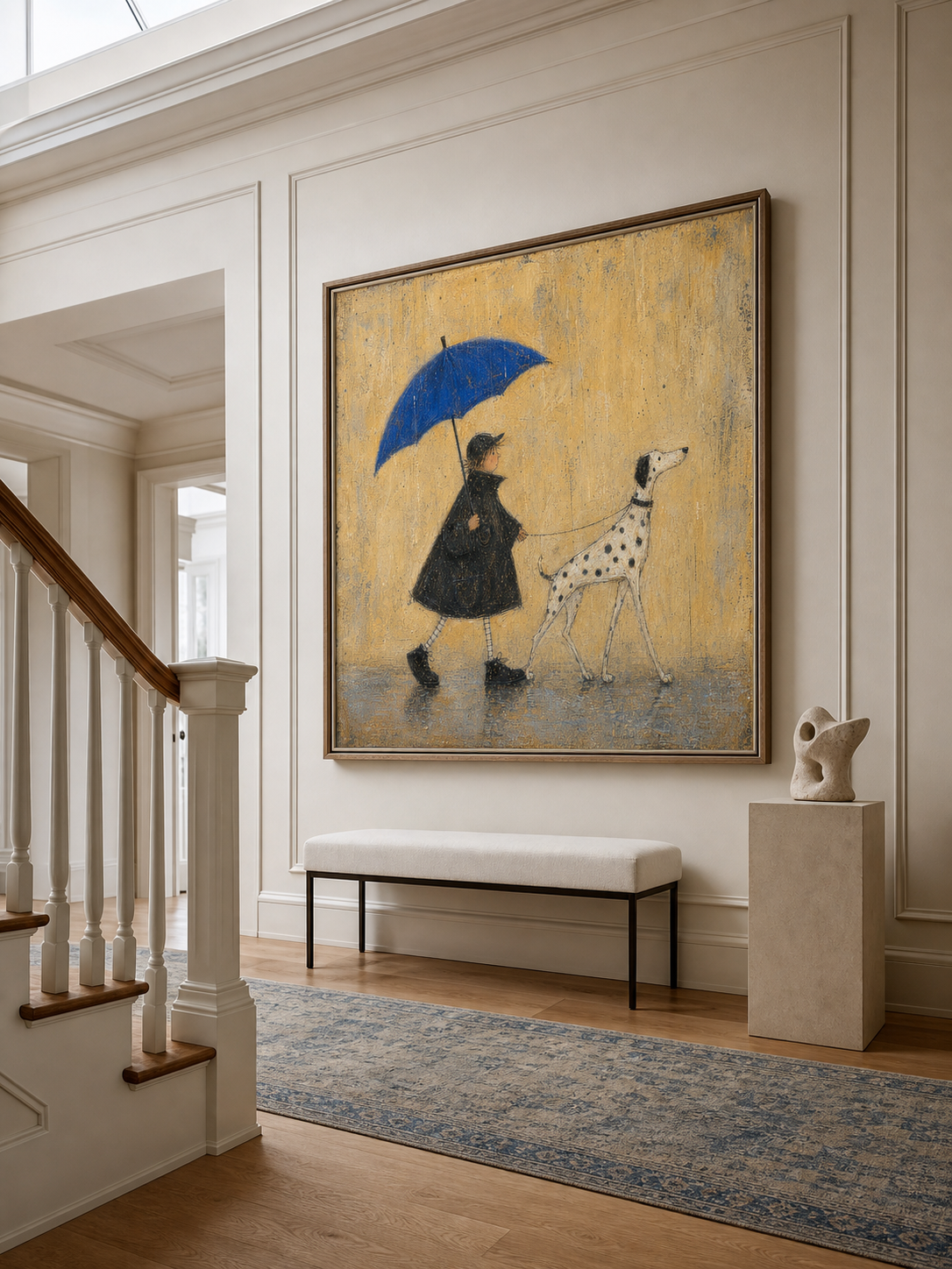 Original Handmade Painting Boy And Dalmatian Dog In Rain Minimalist Wall Art