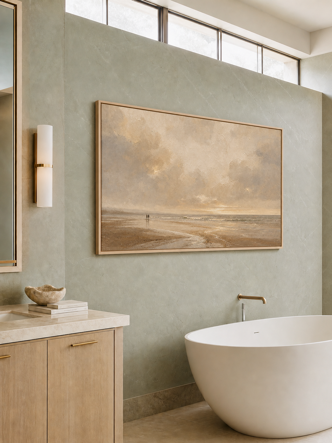 Minimalist Neutral Beach Oil Painting Large Vintage Ocean Canvas Art