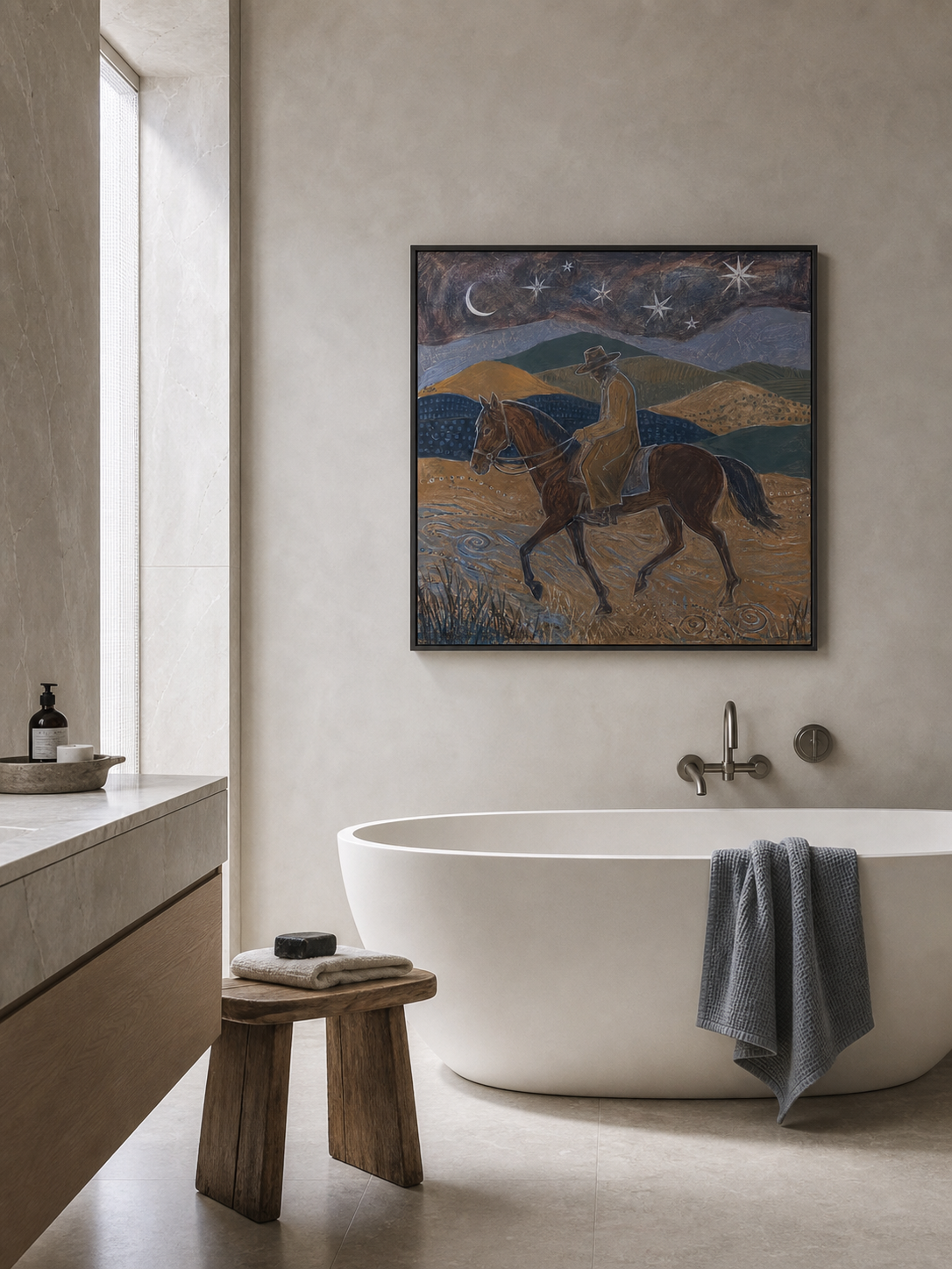 Original Western Cowboy Horse Painting With Moon And Stars For Living Room Decor