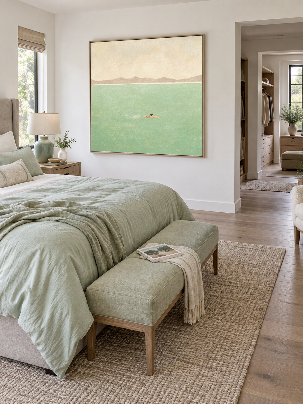 Hand-Painted Pale Green Sea Swimmer Canvas Wall Art With Mountain Horizon