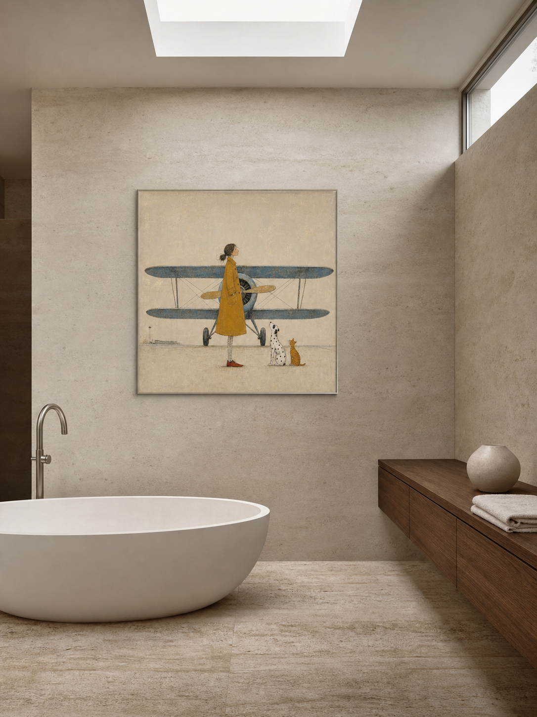 Whimsical Girl And Airplane Painting Retro Illustration On Linen Canvas For Home
