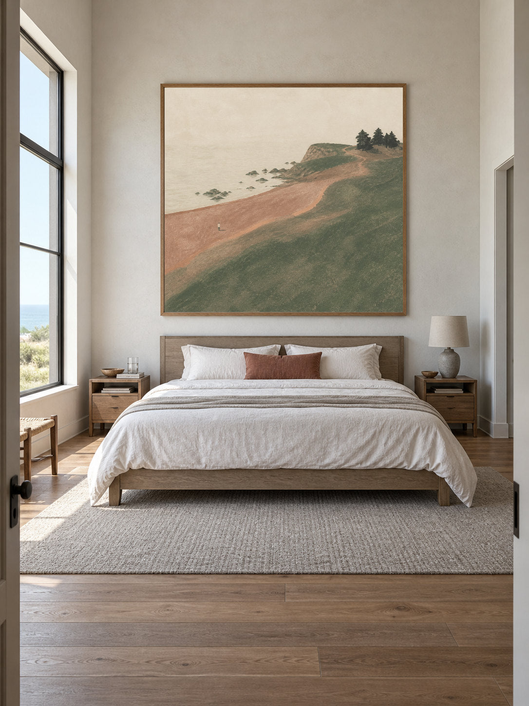 Coastal Cliff Landscape Hand-Painted Canvas Art With Solitary Figure And Pine Trees