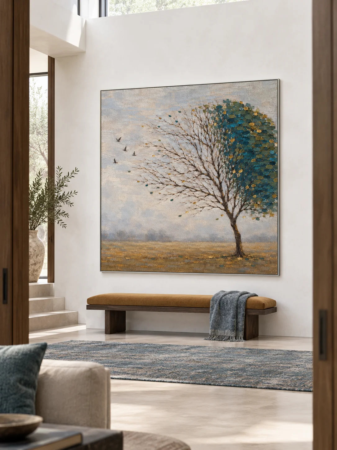 Minimalist Teal Tree Landscape Painting Large Hand Painted Modern Wall Art Canvas