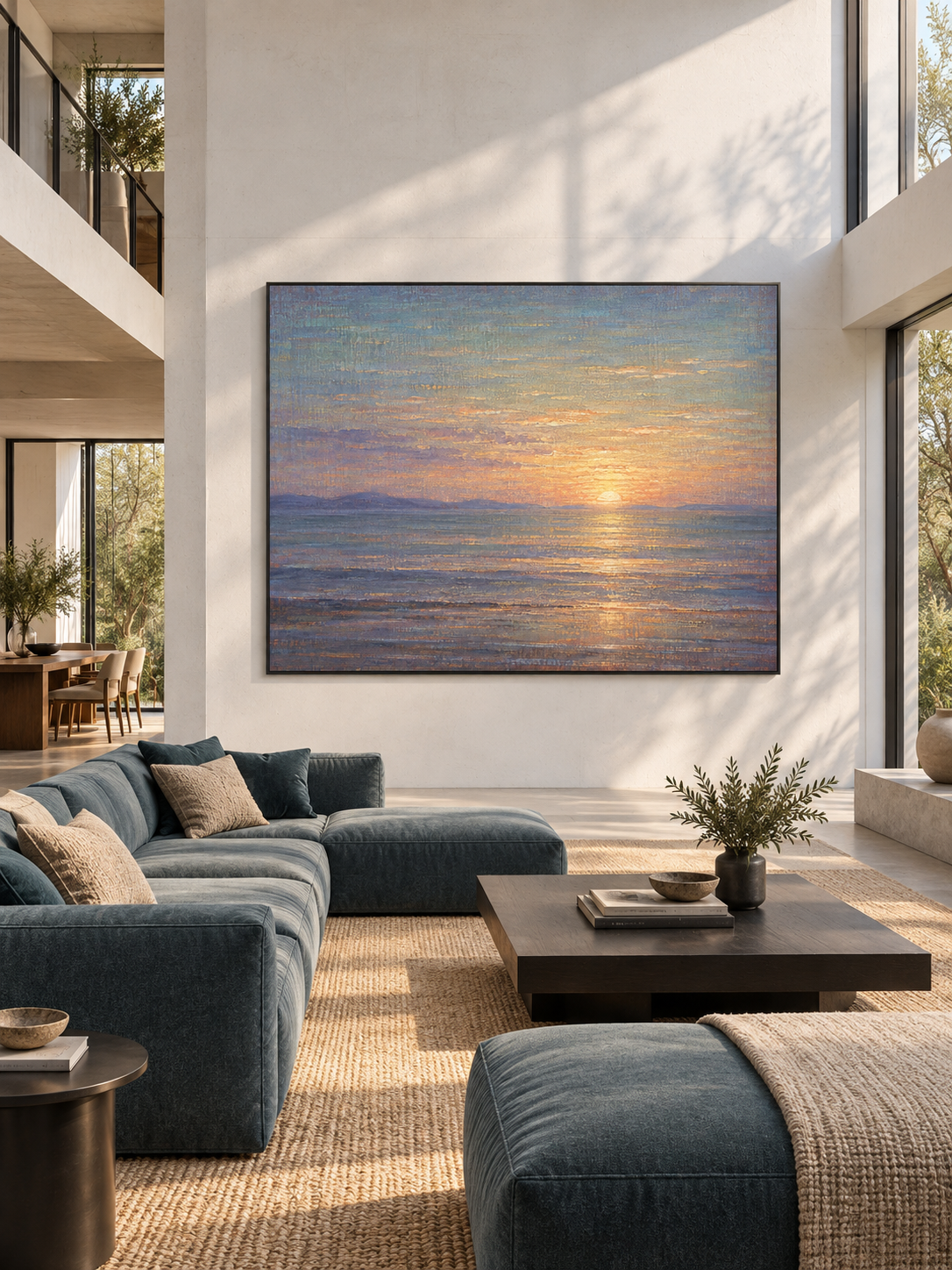 Hand-Painted Sunset Seascape Canvas Art With Golden Reflections On Blue Ocean