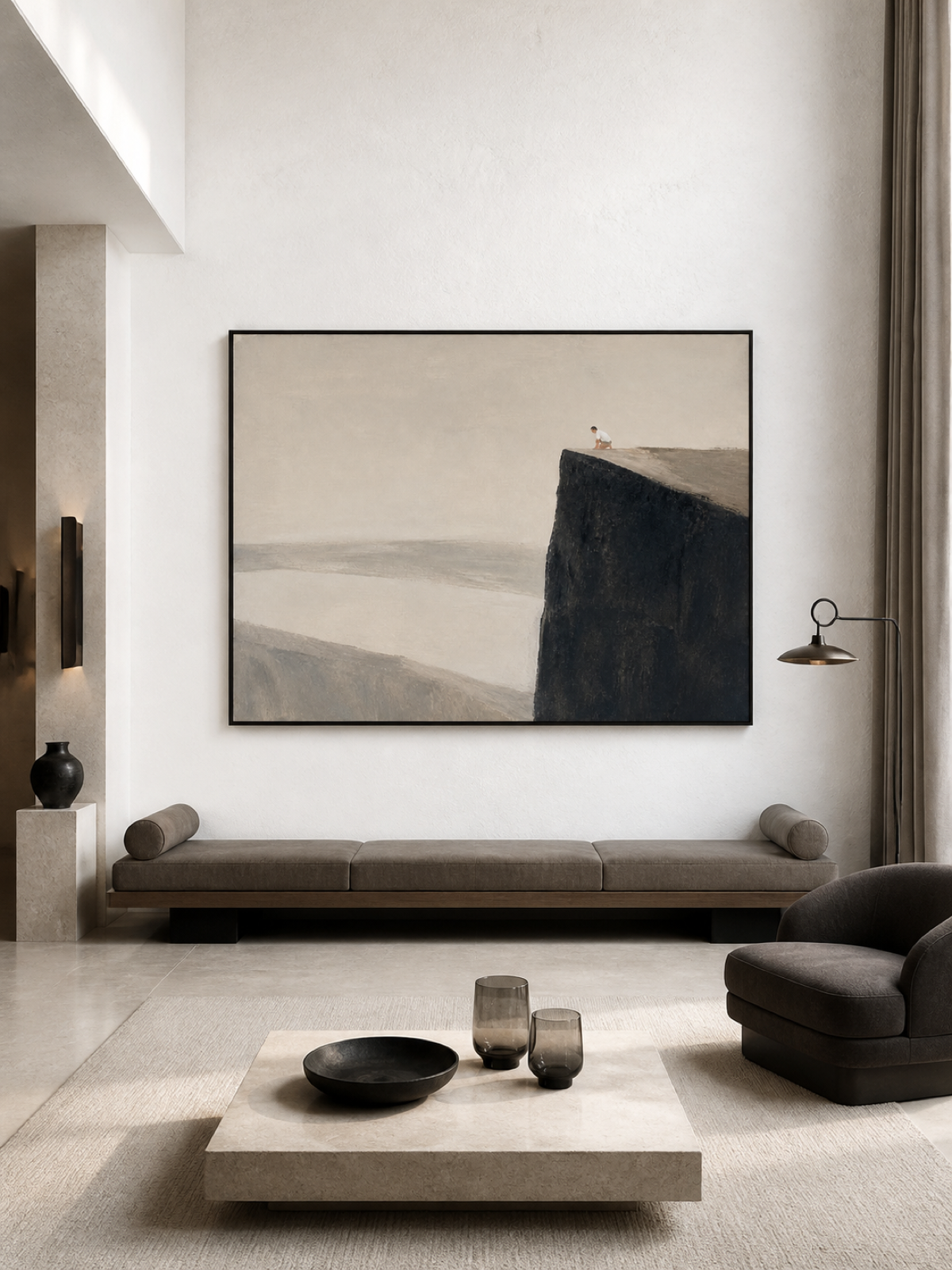 Neutral Black Cliff Oil Painting With A Solitary Figure Modern Wall Art