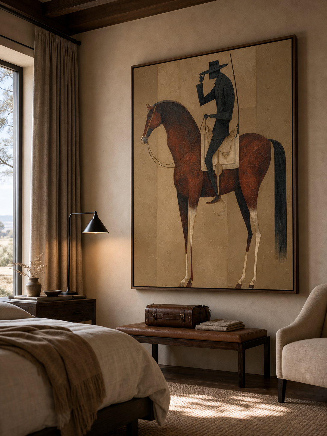 Modernist Brown And Beige Horse Painting With Abstract Human Figure