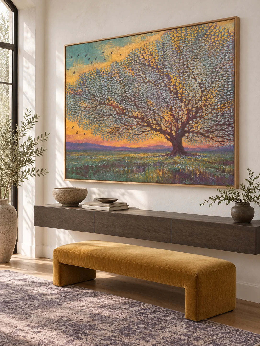Contemporary Teal And Gold Tree Painting Large Textured Sunset Landscape Artwork
