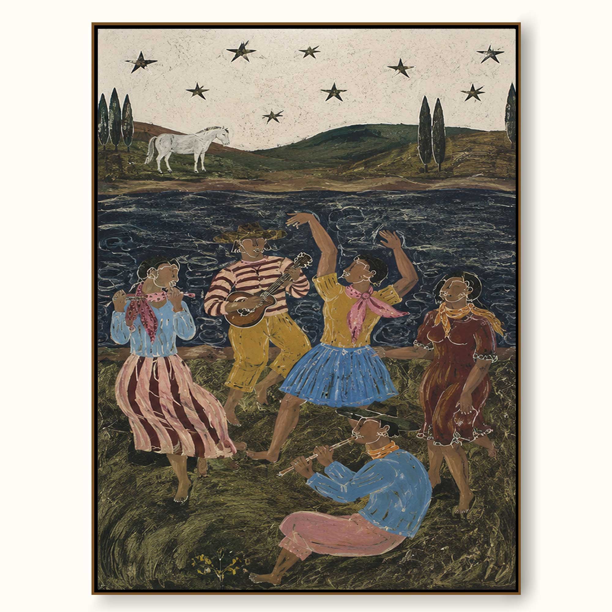 Handmade Rustic Folk Art Painting Bohemian Dancing Figures Wall Decor