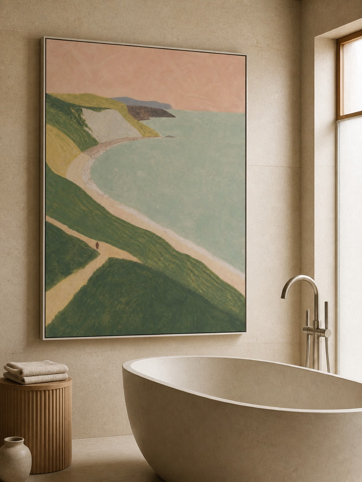 Minimalist Coastal Landscape Hand-Painted Canvas Art With Solitary Figure