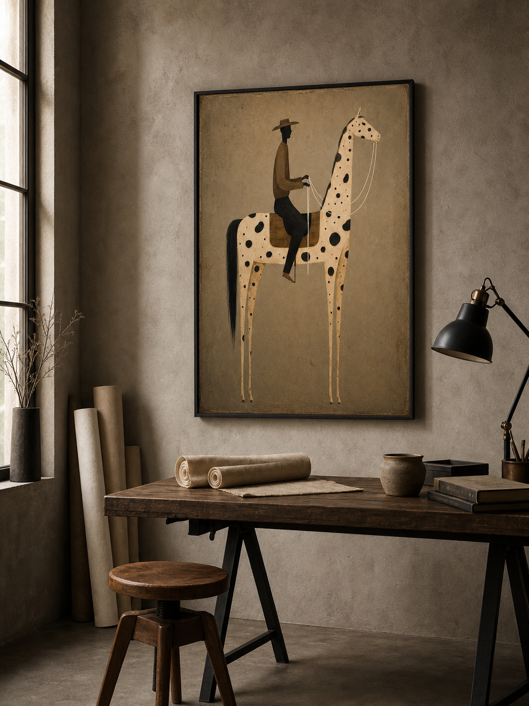 Vintage Equestrian Oil Painting Featuring A Stylized Rider On A Spotted Horse In Earthy Tones