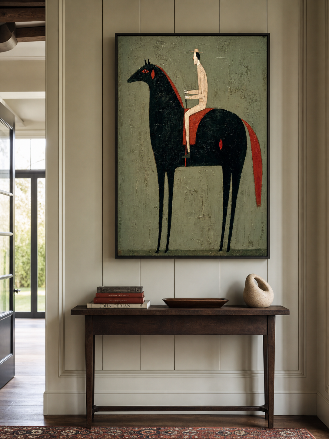 Vintage Equestrian Oil Painting Black Horse And Rider Vertical Canvas Wall Art For Living Room Decor