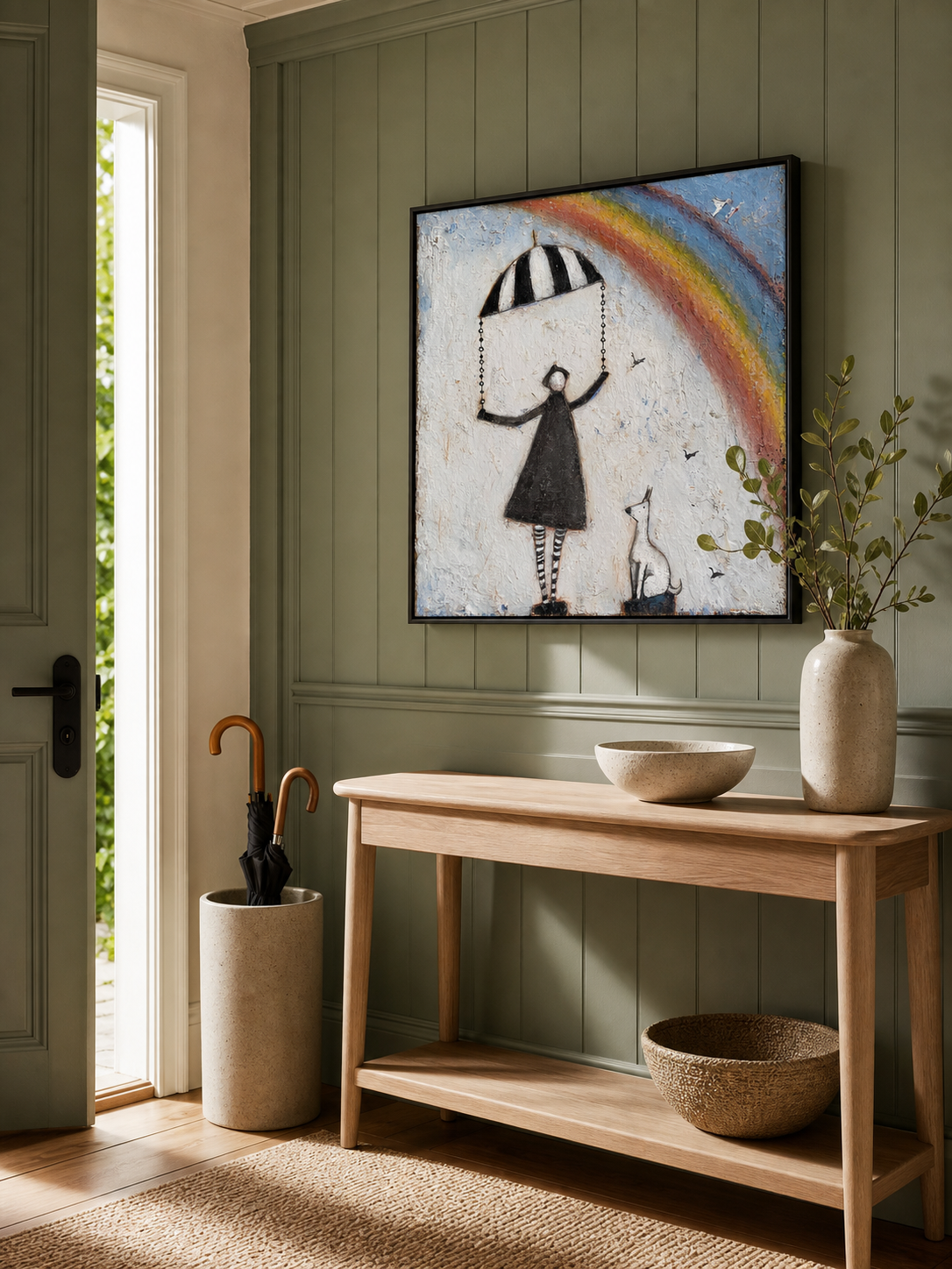 Original Vintage Canvas Art With Striped Umbrella And Dog For Creative Living Rooms