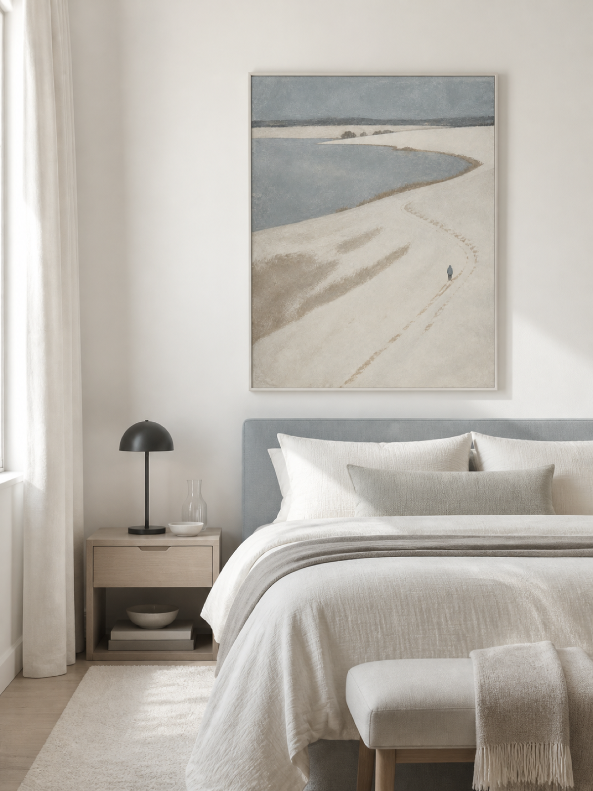 Solitary Walker Following A Snowy Coastal Path Contemporary Oil Painting