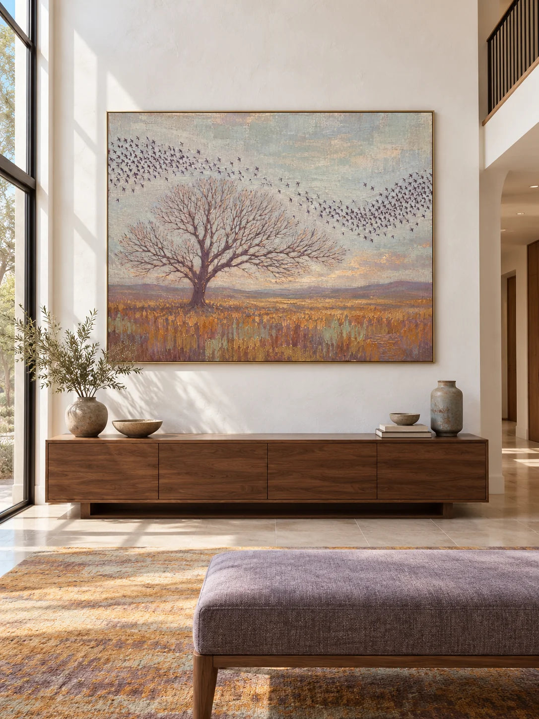 Minimalist Lone Tree Painting Large Muted Gold And Blue Nature Landscape Artwork