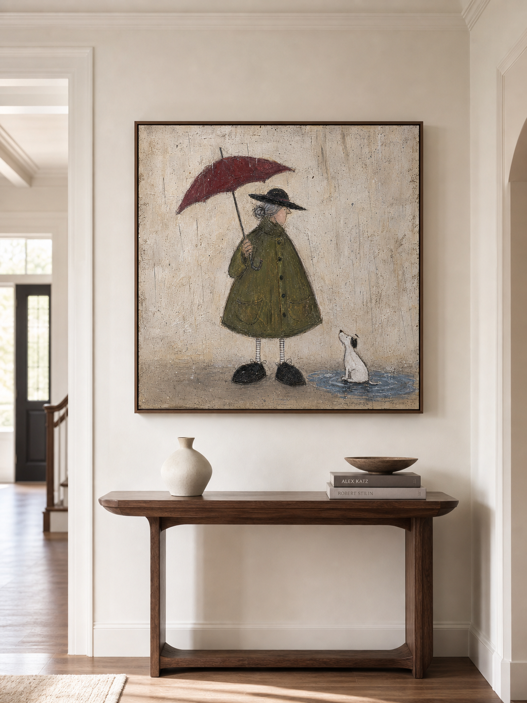 Vintage Man With Dog Painting Red Umbrella Retro Wall Art For Living Room