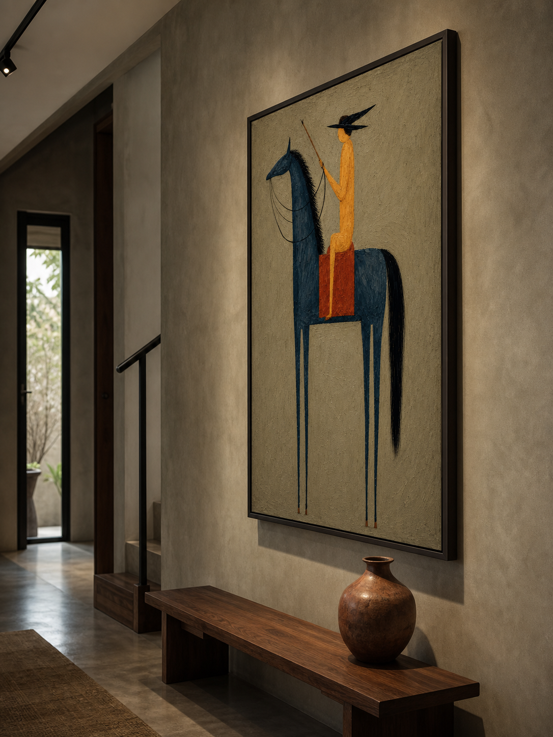 Retro Minimalist Oil Painting Of Figure And Horse On Linen Canvas For Modern Home Decor