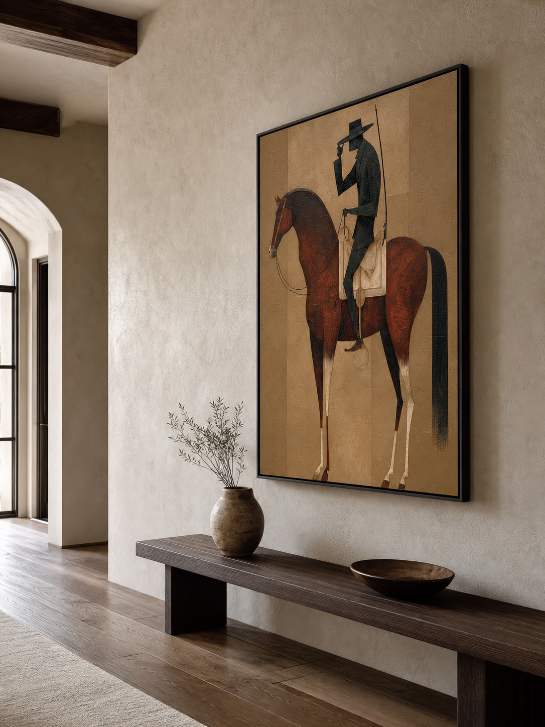 Modernist Brown And Beige Horse Painting With Abstract Human Figure