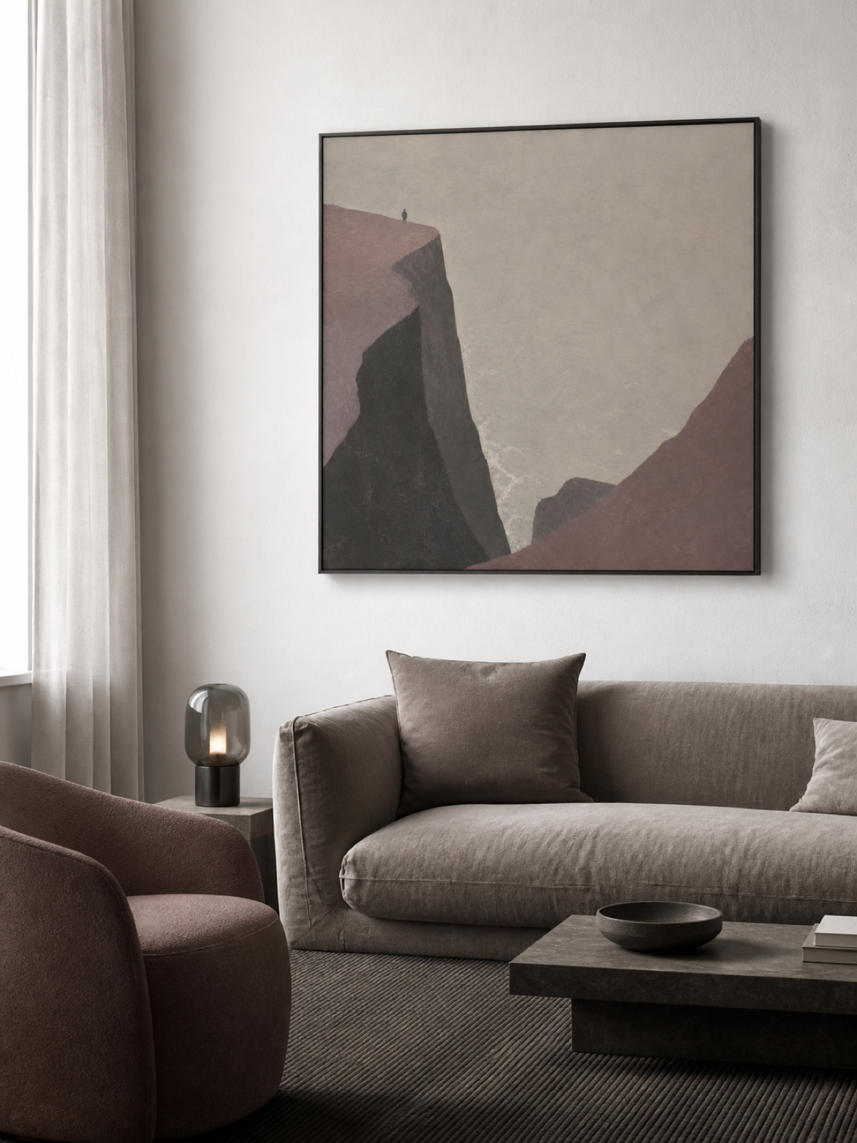 Coastal Cliff Figure Hand-Painted Canvas Art In Beige And Gray Tones