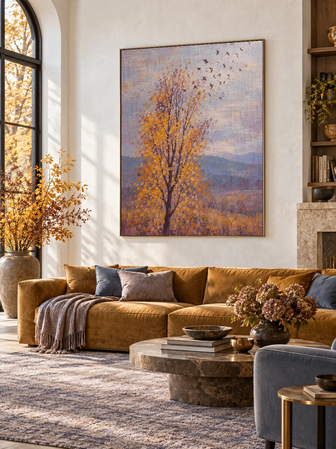 Hand-Painted Golden Tree And Birds Canvas Wall Art For Living Room