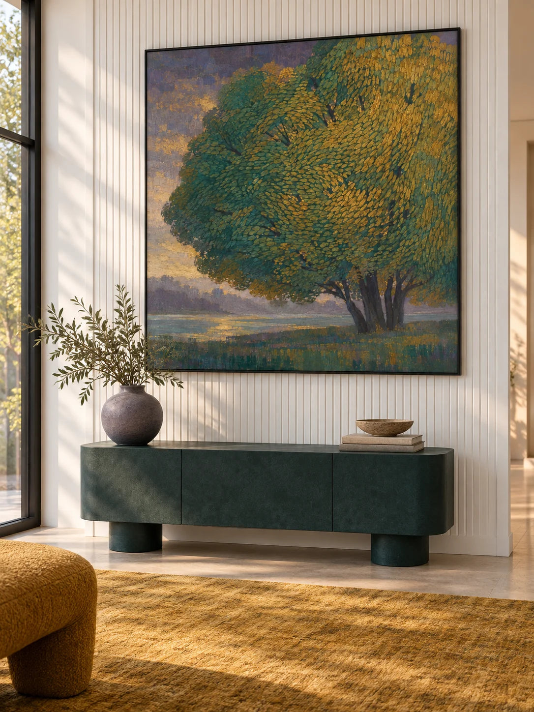Majestic Tree By Lake Hand-Painted Canvas Art In Gold And Green