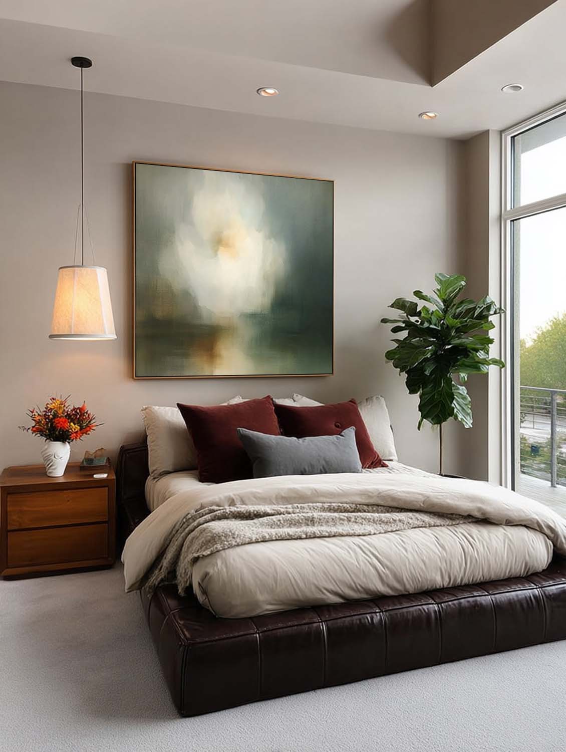 Minimalist Abstract Floral Oil Painting In Soft Green And Blue For Bedroom Decor