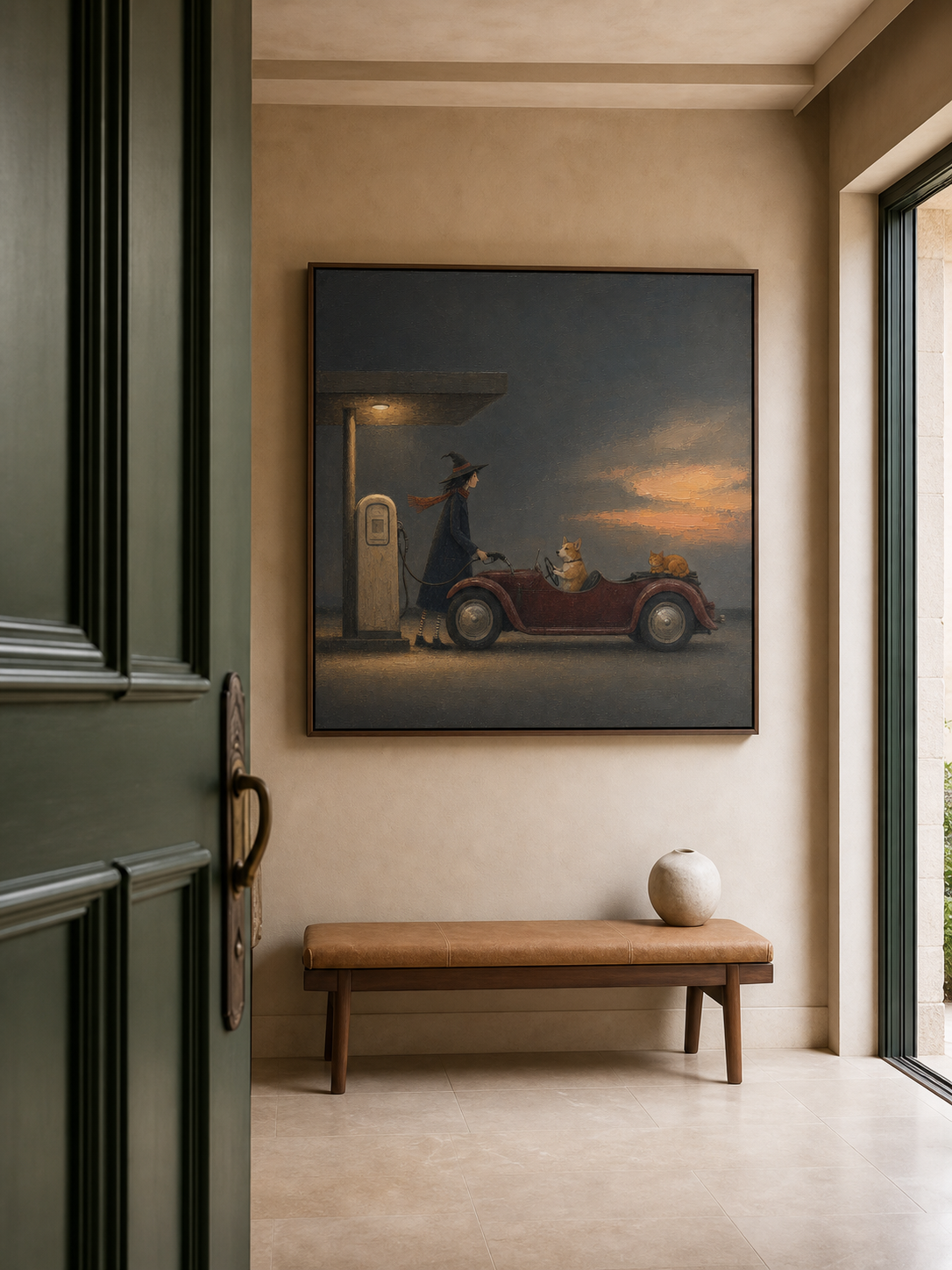 Vintage Car Painting With Witch And Dog Classic Wall Art For Home Decor