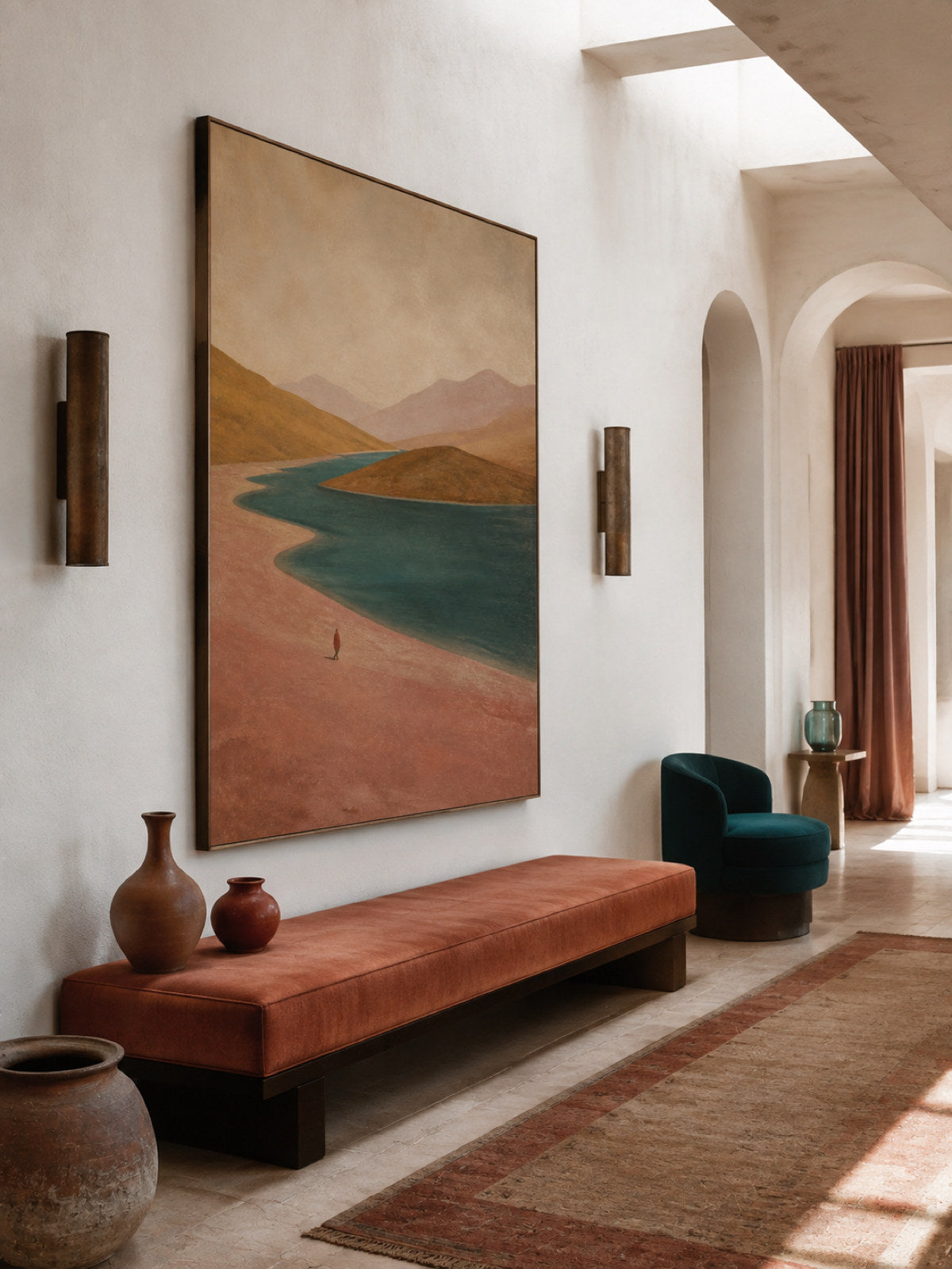 Hand-Painted Winding River Landscape Canvas Wall Art With Lone Red Figure