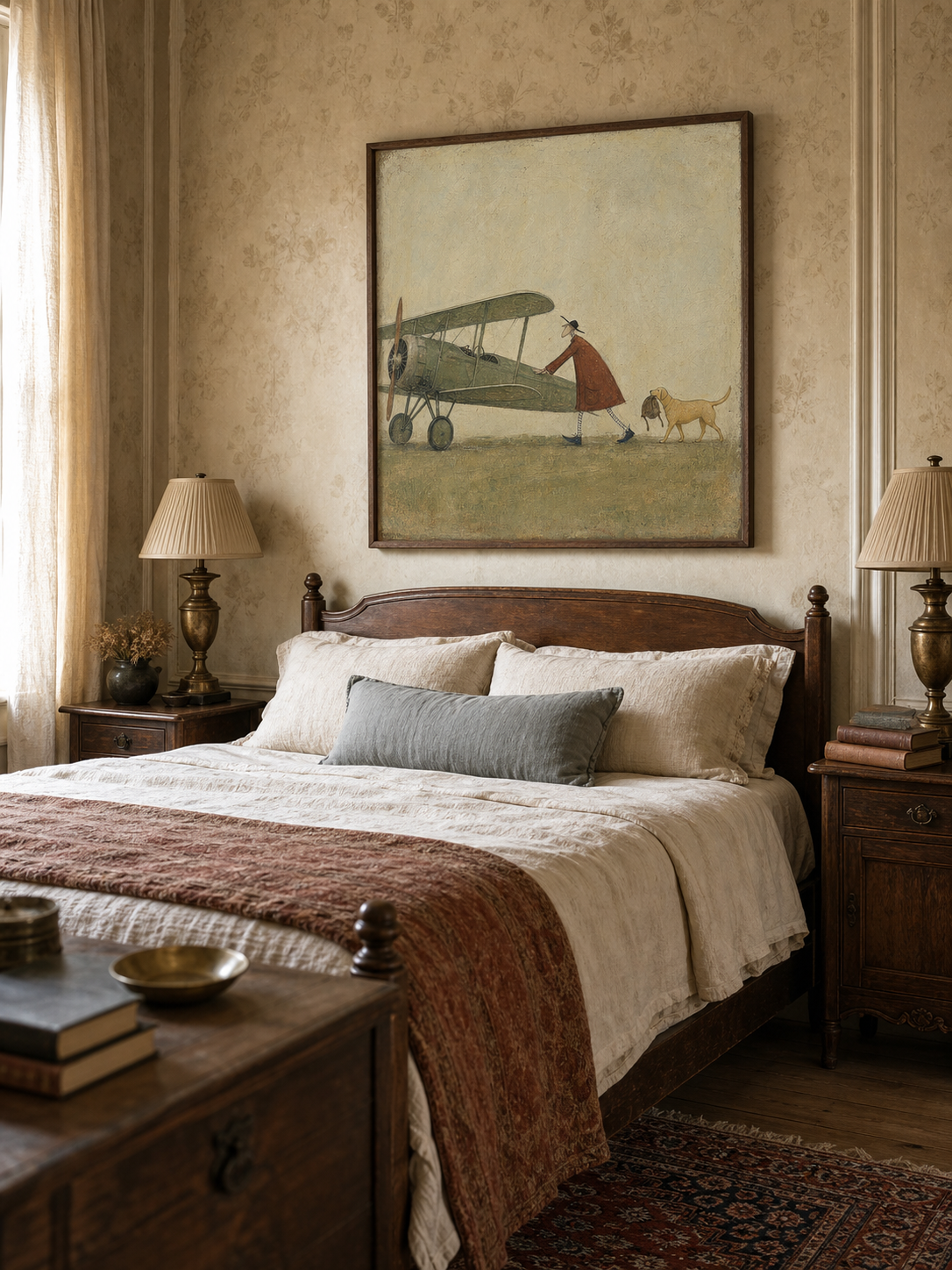 Vintage Airplane And Dog Painting Original Art For Study Room Decor