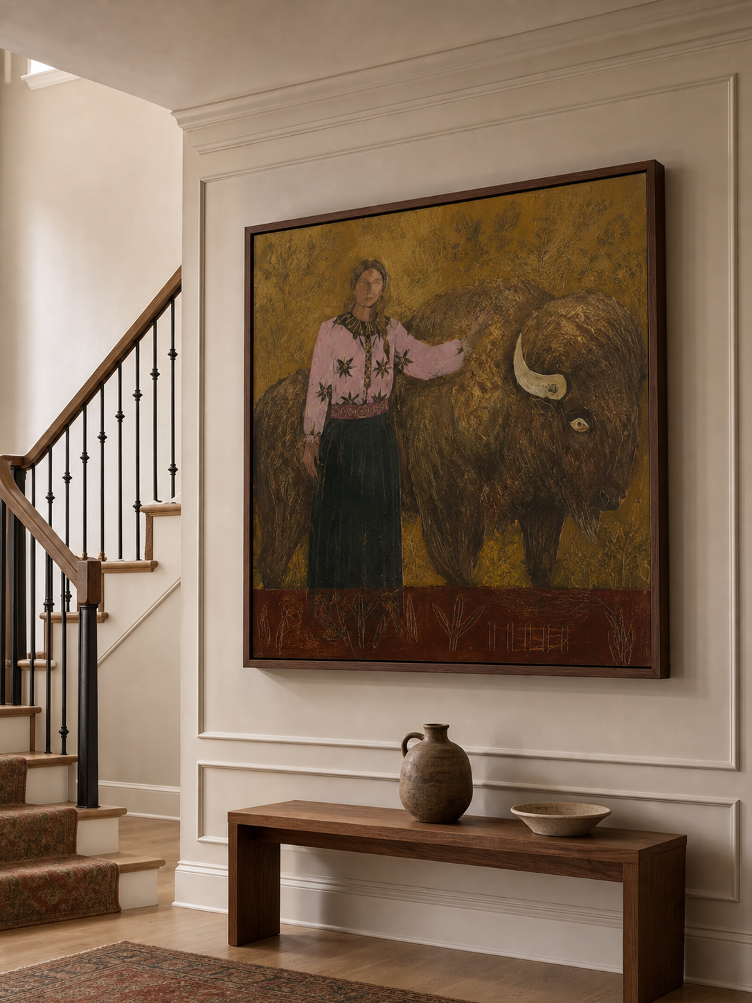 Folk Contemporary Art Painting With Bison And Woman In Brown Pink Green Tones For Living Room Wall Decor